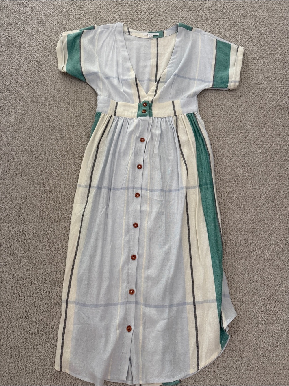 O'Neill Striped Button-Front Maxi Dress in Light Blue and Green